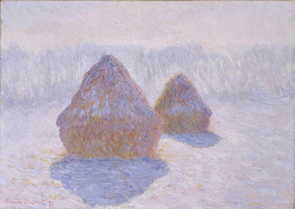 Haystacks (Effect of Snow and Sun), 1891, Oil on canvas, 25 3/4 x 36 1/4 in. (65.4 x 92.1 cm), Paintings, Claude Monet (French, Paris 1840–1926 Giverny), Between 1890 and 1891 Monet devoted some thirty paintings to the haystacks in a field near his house at Giverny. In the midst of this effort, he wrote to the critic Gustave Geoffroy: 'I am working very hard, struggling with a series of different effects (haystacks), but at this season the sun sets so fast I cannot follow it. (Photo by: Sepia Times/Universal Images Group via Getty Images)