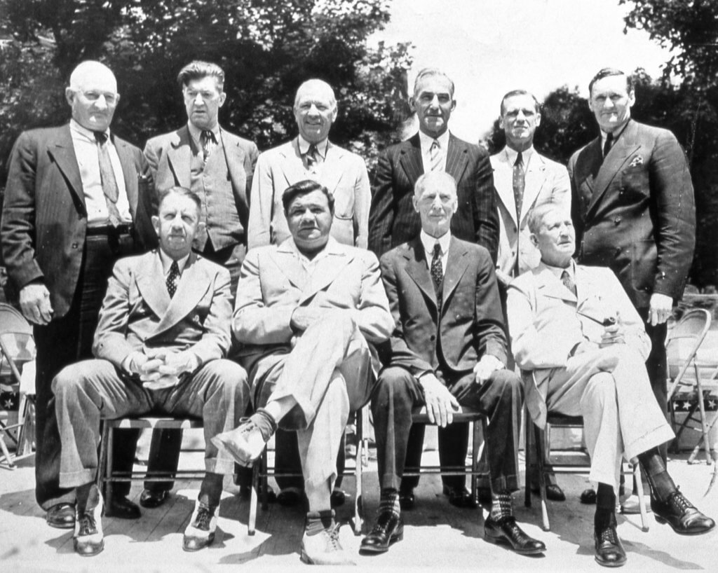 COOPERSTOWN, NY - JULY, 1939.  The first inductees to the Baseball Hall of Fame pose for a group portrait in Cooperstown in July of 1939.    They are: top row left to right Honus Wagner, Grover Cleveland Alexander, Tris Speaker, Nap Lajoie, George Sisler, and Walter Johnson.  Front row Eddie Collins, Babe Ruth, Connie Mack, and Cy Young.  (Photo by Mark Rucker/Transcendental Graphics, Getty Images)