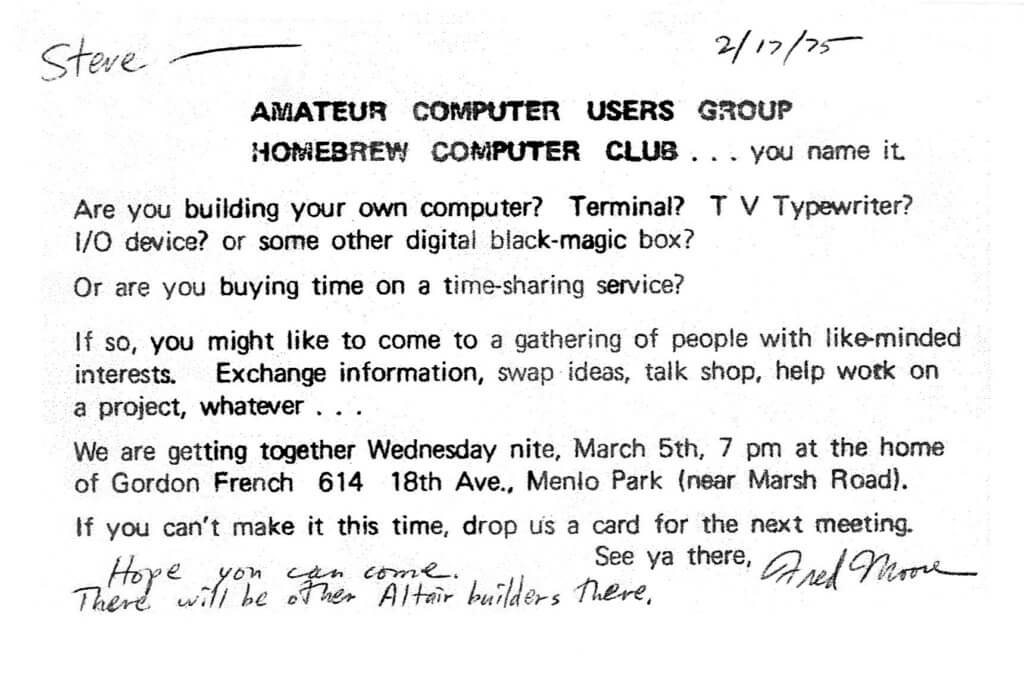 Invitation sent to Steve Dompier by Fred Moore on February 17, 1975 inviting Steve to attend the first meeting of the Homebrew Computer Club on March 5, 1975 at the home of Gordon French.