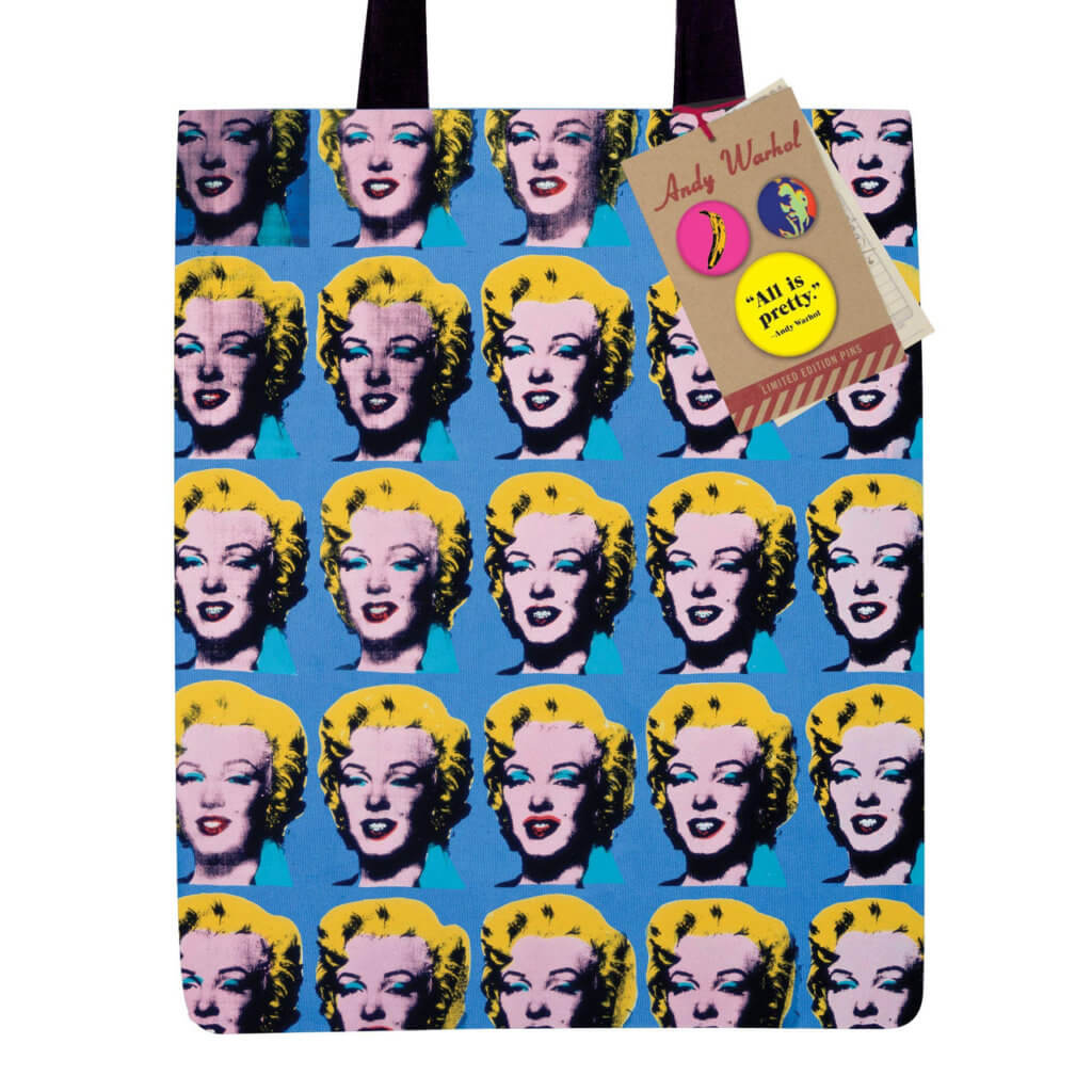 Warhol Marilyn tote bag from The Andy Warhol Museum with duplicated Monroe portraits across the surface and black handles