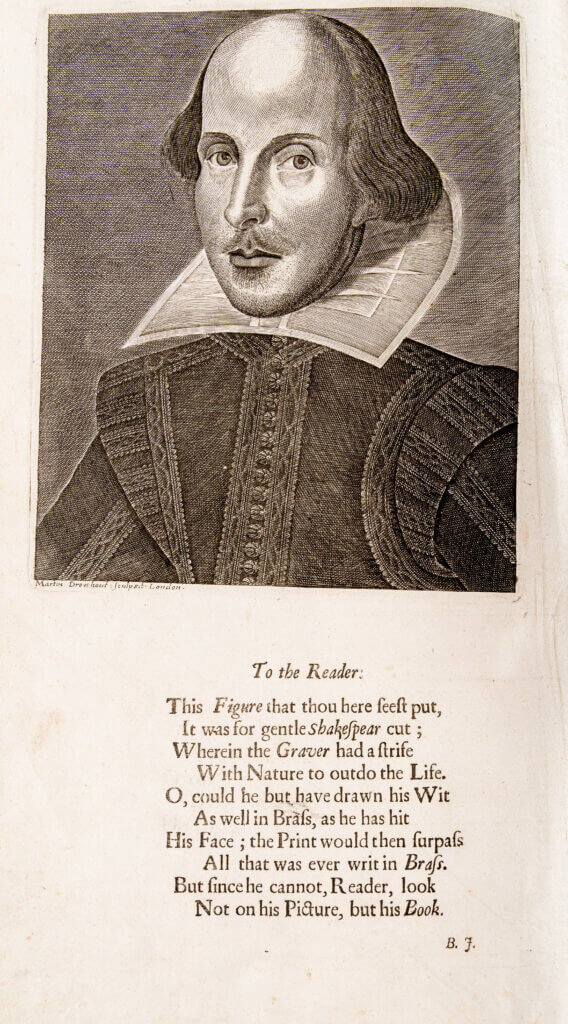 A page from Rally's Fourth Folio, showing the engraving portrait of Shakespeare and a poem about the playwright